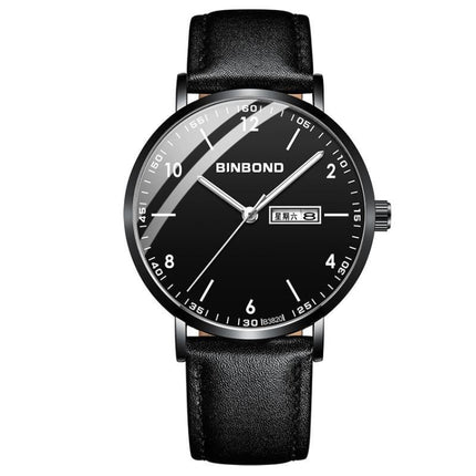 BINBOND B3820 30M Waterproof Ultra-thin Quartz Luminous Starry Watch, Color: Black Leather-Black-Black-garmade.com