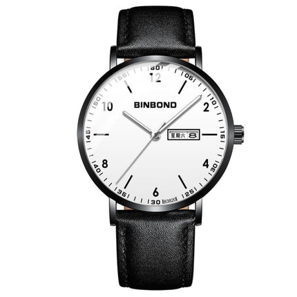 BINBOND B3820 30M Waterproof Ultra-thin Quartz Luminous Starry Watch, Color: Black Leather-Black-White-garmade.com