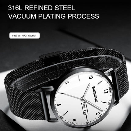 BINBOND B3820 30M Waterproof Ultra-thin Quartz Luminous Starry Watch, Color: Black Leather-Black-White-garmade.com