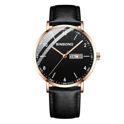 BINBOND B3820 30M Waterproof Ultra-thin Quartz Luminous Starry Watch, Color: Black Leather-Rose Gold-Black-garmade.com