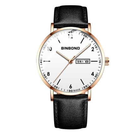 BINBOND B3820 30M Waterproof Ultra-thin Quartz Luminous Starry Watch, Color: Black Leather-Rose Gold-White-garmade.com