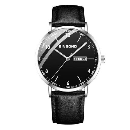 BINBOND B3820 30M Waterproof Ultra-thin Quartz Luminous Starry Watch, Color: Black Leather-White-Black-garmade.com