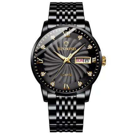 BINBOND B3034 Diamond 30m Waterproof Business Watch Men's Butterfly Buckle Luminous Quartz Watch(Black Steel-Black-Gold Nail)-garmade.com