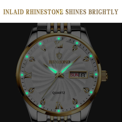 BINBOND B3034 Diamond 30m Waterproof Business Watch Men's Butterfly Buckle Luminous Quartz Watch(Black Steel-Black-Gold Nail)-garmade.com