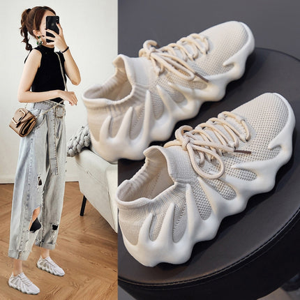 450 Summer Breathable Sock Shoes Fly Woven Comfortable Casual Shoes, Size: 38(Beige)-garmade.com
