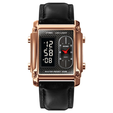 SKMEI 1868 Square Double Display Waterproof Men Watch, Style: Leather Belt (Rose Gold)-garmade.com