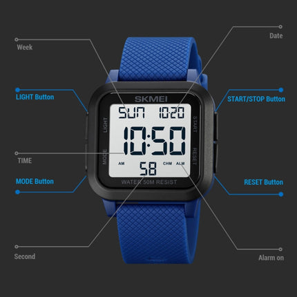 SKMEI 1894 Square Sports Waterproof Student Simple Multifunctional Luminous Watch(Blue Black Machine)-garmade.com