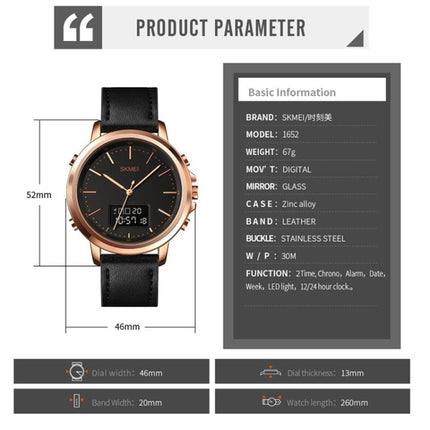 SKMEI 1652 Dual Movement Sports Leather Alloy Male Watch, Color: Rose Gold Shell White Machine-garmade.com