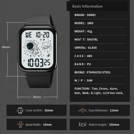 SKMEI 1863 Multifunctional Astronaut Student Digital Sports Square Watch(Black White Machine)-garmade.com