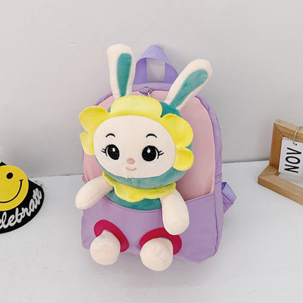 Kindergarten School Bag Plush Toy Children Cute Cartoon Backpack(With Hat Bunny Purple)-garmade.com