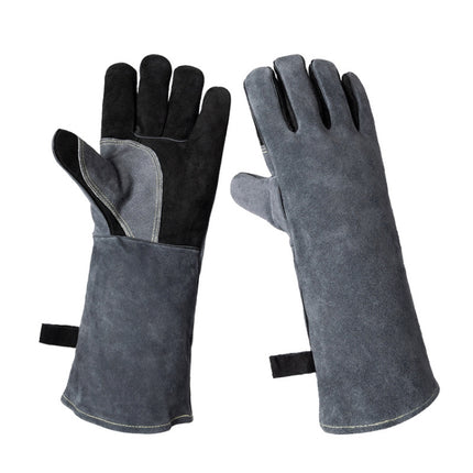 Cowhide BBQ Gloves Thickened Anti-hot Oven Welding Protection Gloves, Specification: A2415 16 inch Gray Black-garmade.com