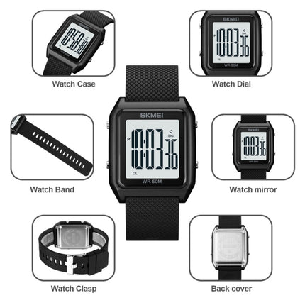 SKMEI 1866 Square Large Screen Men Steel Belt Multi-function Night Light Alarm Clock Watch(Black White Machine)-garmade.com