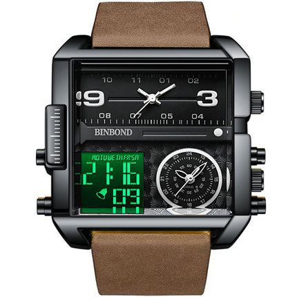 BINBOND B3332 Square Multifunctional Sports Quartz Waterproof Watch(Brown Leather-Black-Black)-garmade.com