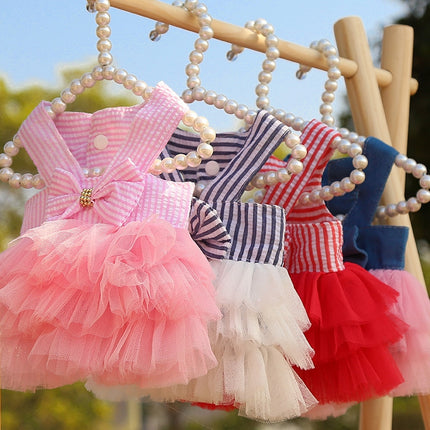 2pcs Pet Mesh Skirt Dress Dog Cat Clothes, Size: XS(Suspenders Stripes Pink)-garmade.com