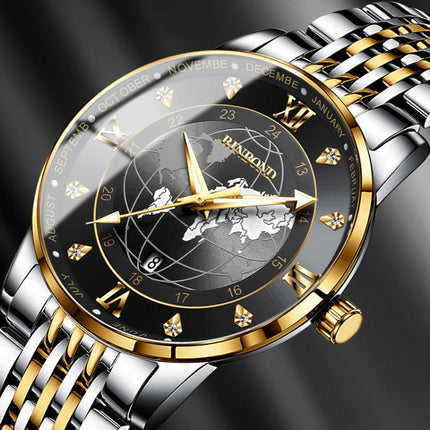 BINBOND B1117 30M Waterproof Earth Dial Butterfly Buckle Luminous Quartz Watch(Full-gold-White-Gold)-garmade.com