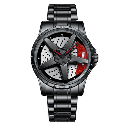 BINBOND D002 Car Hub Dial Multifunctional Waterproof and Wear-resistant Men's Watch(Black Steel-Red)-garmade.com
