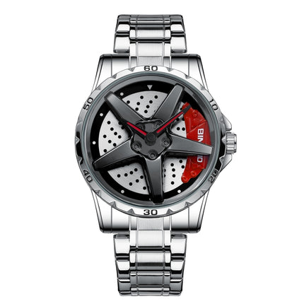 BINBOND D002 Car Hub Dial Multifunctional Waterproof and Wear-resistant Men's Watch(White Steel-Red)-garmade.com