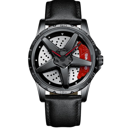 BINBOND D002 Car Hub Dial Multifunctional Waterproof and Wear-resistant Men's Watch(Black Leather-Black-Red)-garmade.com