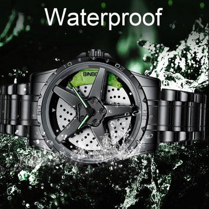 BINBOND D002 Car Hub Dial Multifunctional Waterproof and Wear-resistant Men's Watch(White Steel-Green)-garmade.com