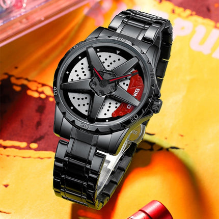 BINBOND D002 Car Hub Dial Multifunctional Waterproof and Wear-resistant Men's Watch(Black Steel-Red)-garmade.com