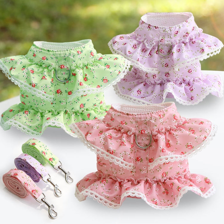Pet Lace Vest Clothes Harness Leash, Size: L(Green Floral)-garmade.com
