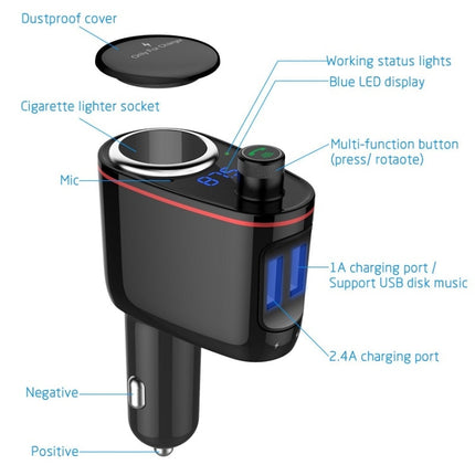 S-06 Bluetooth Multifunctional Car Cigarette Lighter 100W One for Two High Power Charger-garmade.com