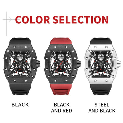 BAOGELA 224145 Barrel Skeleton Waterproof Sports Stainless Steel Silicone Men Watch(Black Shell Red Belt)-garmade.com