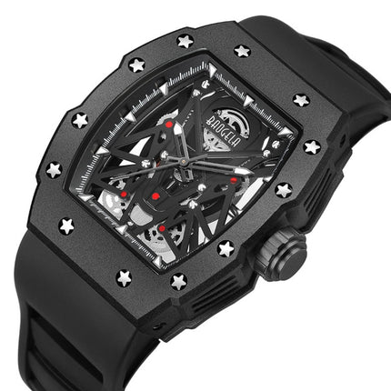 BAOGELA 224145 Barrel Skeleton Waterproof Sports Stainless Steel Silicone Men Watch(Black Shell Black Belt)-garmade.com