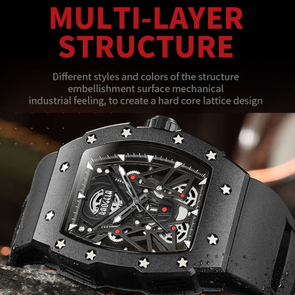 BAOGELA 224145 Barrel Skeleton Waterproof Sports Stainless Steel Silicone Men Watch(Black Shell Red Belt)-garmade.com