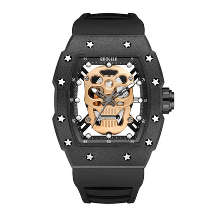 BAOGELA 224141 Hollow Skull Luminous Sports 304 Stainless Steel Silicone Men Watch(Black Shell Rose Face Black Belt)-garmade.com