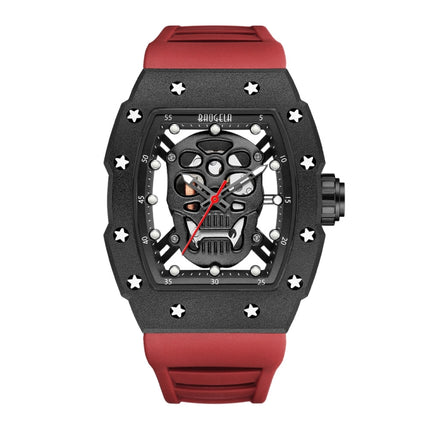 BAOGELA 224141 Hollow Skull Luminous Sports 304 Stainless Steel Silicone Men Watch(Black Shell Black Face Red Belt)-garmade.com