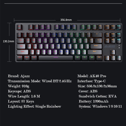 Ajazz AK40pro 87 Keys Bluetooth/Wireless/Wired Three Mode Game Office Mechanical Keyboard Mixed Light Tea Shaft (Black)-garmade.com