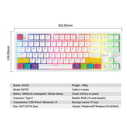Ajazz K870T 87-Key RGB Office Game Phone Tablet Bluetooth/Wired Dual-Mode Mechanical Keyboard Green Shaft (White)-garmade.com