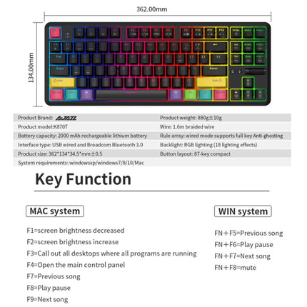 Ajazz K870T 87-Key Hot Swap Bluetooth/Wired Dual Mode RGB Backlight Office Game Mechanical Keyboard Red Shaft (White)-garmade.com