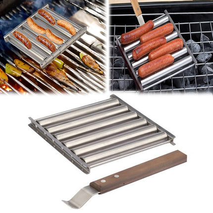 Hot Dog Sausage Grill Stainless Steel Wooden Handle BBQ Rack Kitchen Tools(Boxed)-garmade.com