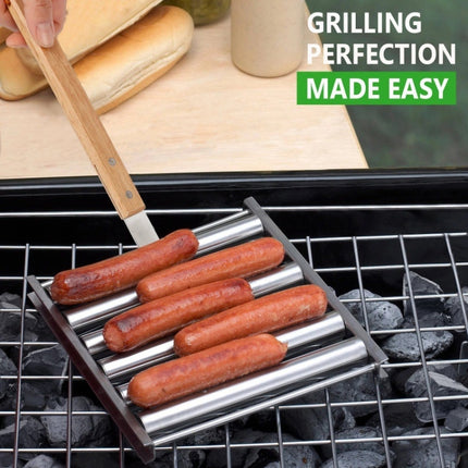 Hot Dog Sausage Grill Stainless Steel Wooden Handle BBQ Rack Kitchen Tools(Boxed)-garmade.com