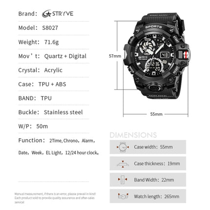 STRYVE S8027 Sports Multifunctional Luminous Dual Display Chronograph Student Watch(Black)-garmade.com