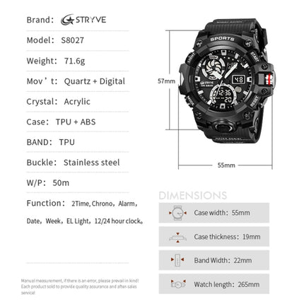 STRYVE S8027 Sports Multifunctional Luminous Dual Display Chronograph Student Watch(Black Blue)-garmade.com