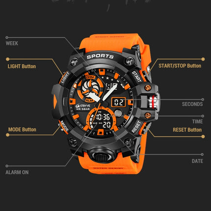 STRYVE S8027 Sports Multifunctional Luminous Dual Display Chronograph Student Watch(Orange)-garmade.com
