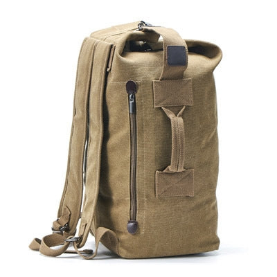 Upgrade Zipper Pockets Outdoor Travel Man Canvas Double Shoulder Backpack Student Schoolbag, Specification: Large Khaki-garmade.com