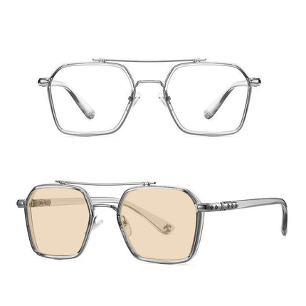 A5 Double Beam Polarized Color Changing Myopic Glasses, Lens: -50 Degrees Change Tea Color(Gray Silver Frame)-garmade.com