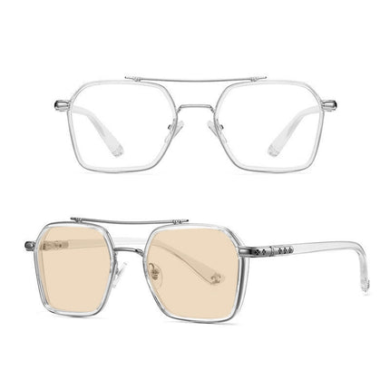 A5 Double Beam Polarized Color Changing Myopic Glasses, Lens: -50 Degrees Change Tea Color(Transparent Silver Frame)-garmade.com