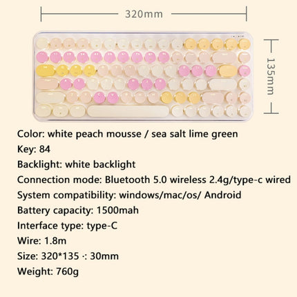 Ajazz K840T 84-Key Wireless/Bluetooth/Wired Three-Mode Round Key Punk Keycap Mechanical Keyboard Green Shaft (White Peach Mousse)-garmade.com