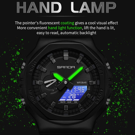 SANDA Octagonal Oak Hand Lamp Waterproof Sports Alarm Clock Men Watch(Full Black)-garmade.com