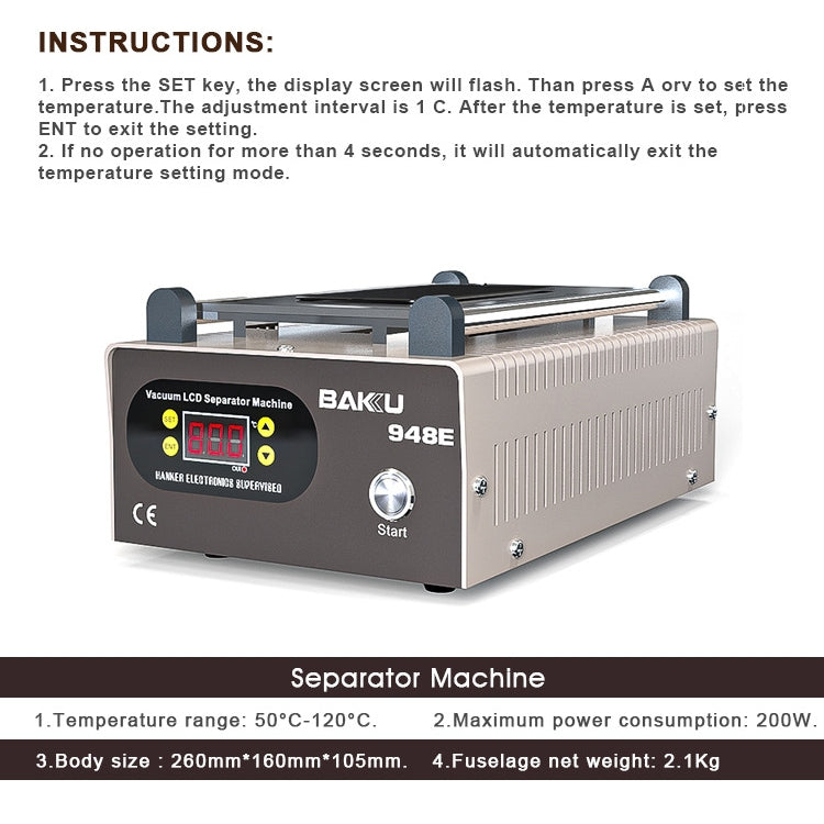 BAKU BA-948E Mobile Phone Liquid Crystal Separation Machine Flat Display Separator Heating Board EU Plug 220V-garmade.com