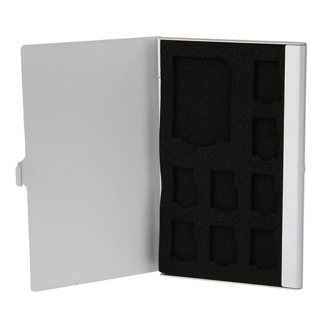 1SD+ 8TF Aluminum Micro SD Cards Holder Pin Storage Box 9 solts for SD/ SIM/TF Memory Card(Silver)-garmade.com