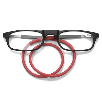 Portable Magnetic Hanging Neck Retractable Reading Glasses +125(Black Frame Red Legs)-garmade.com