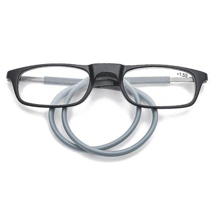 Portable Magnetic Hanging Neck Retractable Reading Glasses +225(Black Frame Gray Legs)-garmade.com