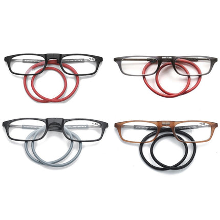 Portable Magnetic Hanging Neck Retractable Reading Glasses +150(Gray Frame Red Legs)-garmade.com