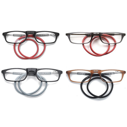 Portable Magnetic Hanging Neck Retractable Reading Glasses +225(Gray Frame Red Legs)-garmade.com